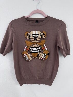 Boutique Brown Knit Top with Plaid Teddy Bear Patch - Soft & Trendy ONE SIZE.